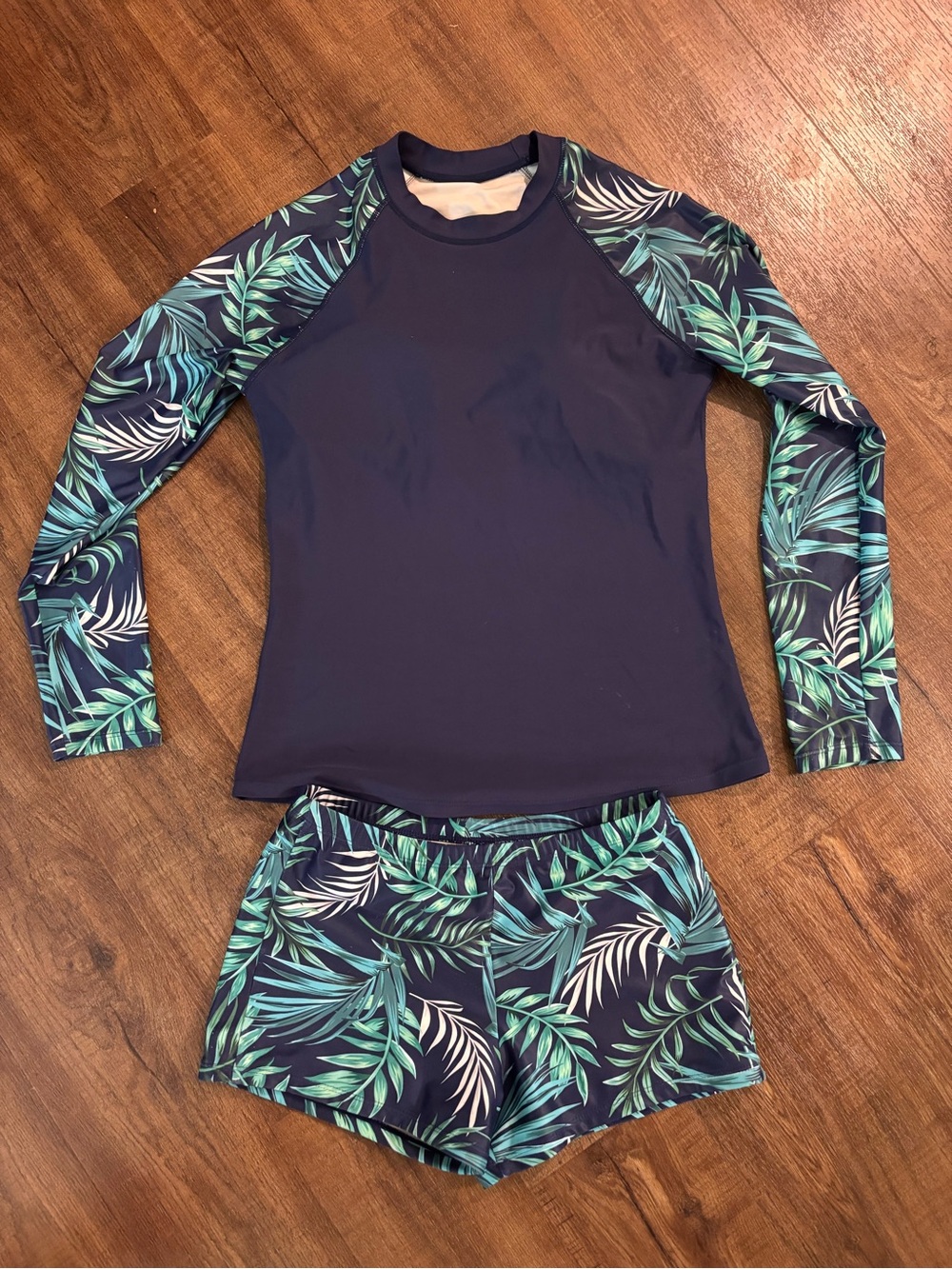 Navy Tropical Rash Guard Set with Leaf Print
